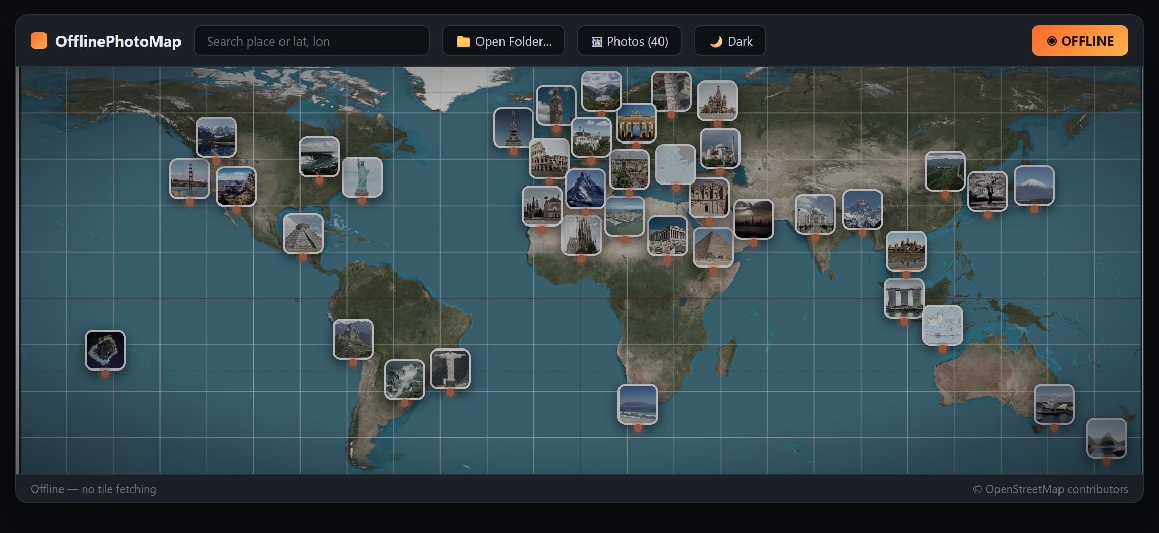 OfflinePhotoMap — your photos shown as pins on an offline world map, with an OFFLINE badge